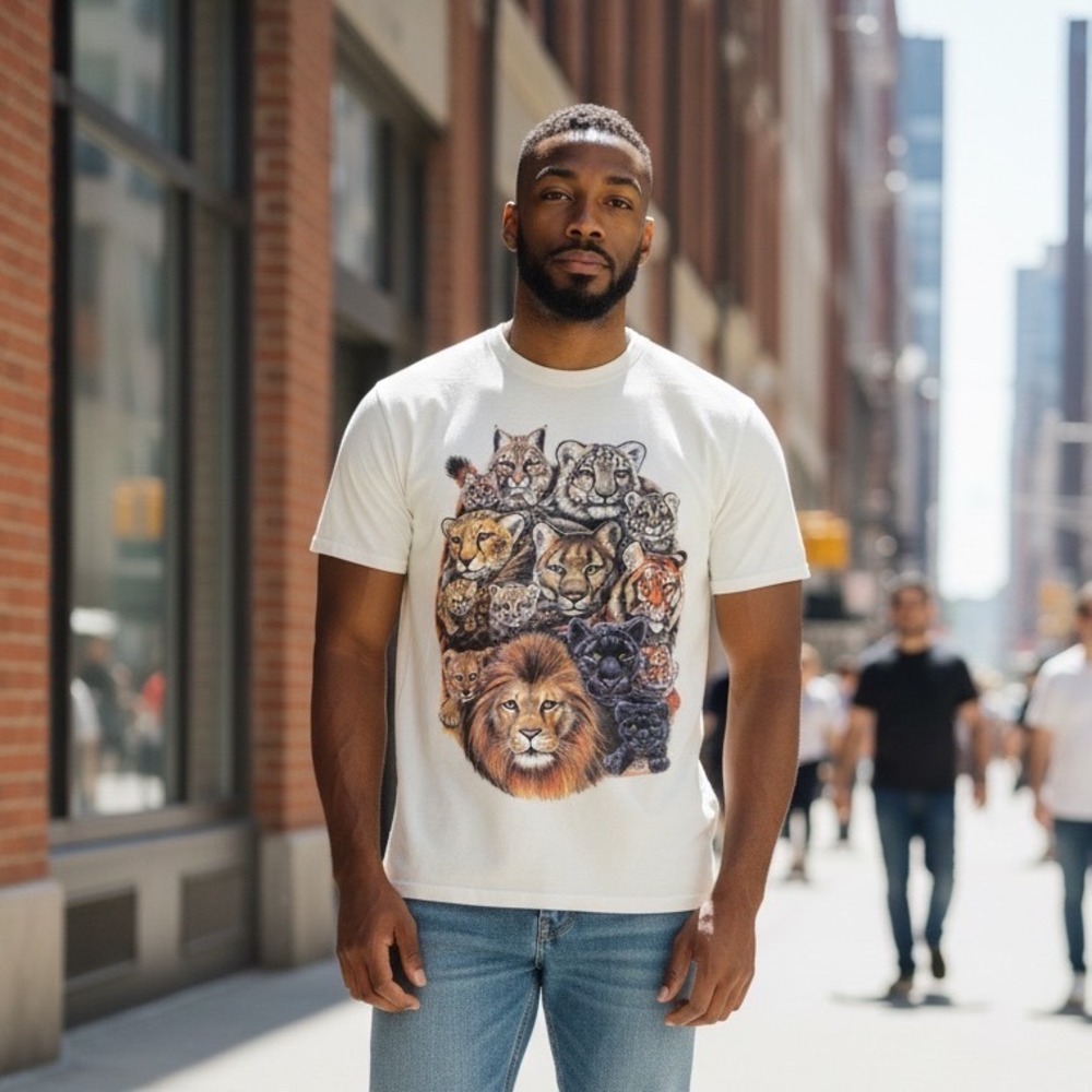 Katz Big Cat Graphic T-Shirt Men OS White Lion Tiger Panther Vintage 90s USA